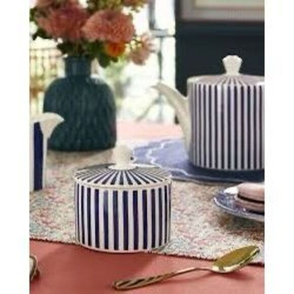 NWT Spode Steccato Covered Sugar Bowl Canister Made in England Blue White Stripe - Picture 5 of 8